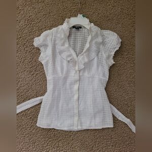 BCX White Ruffle Collar Cap-Sleeve Button Front Blouse